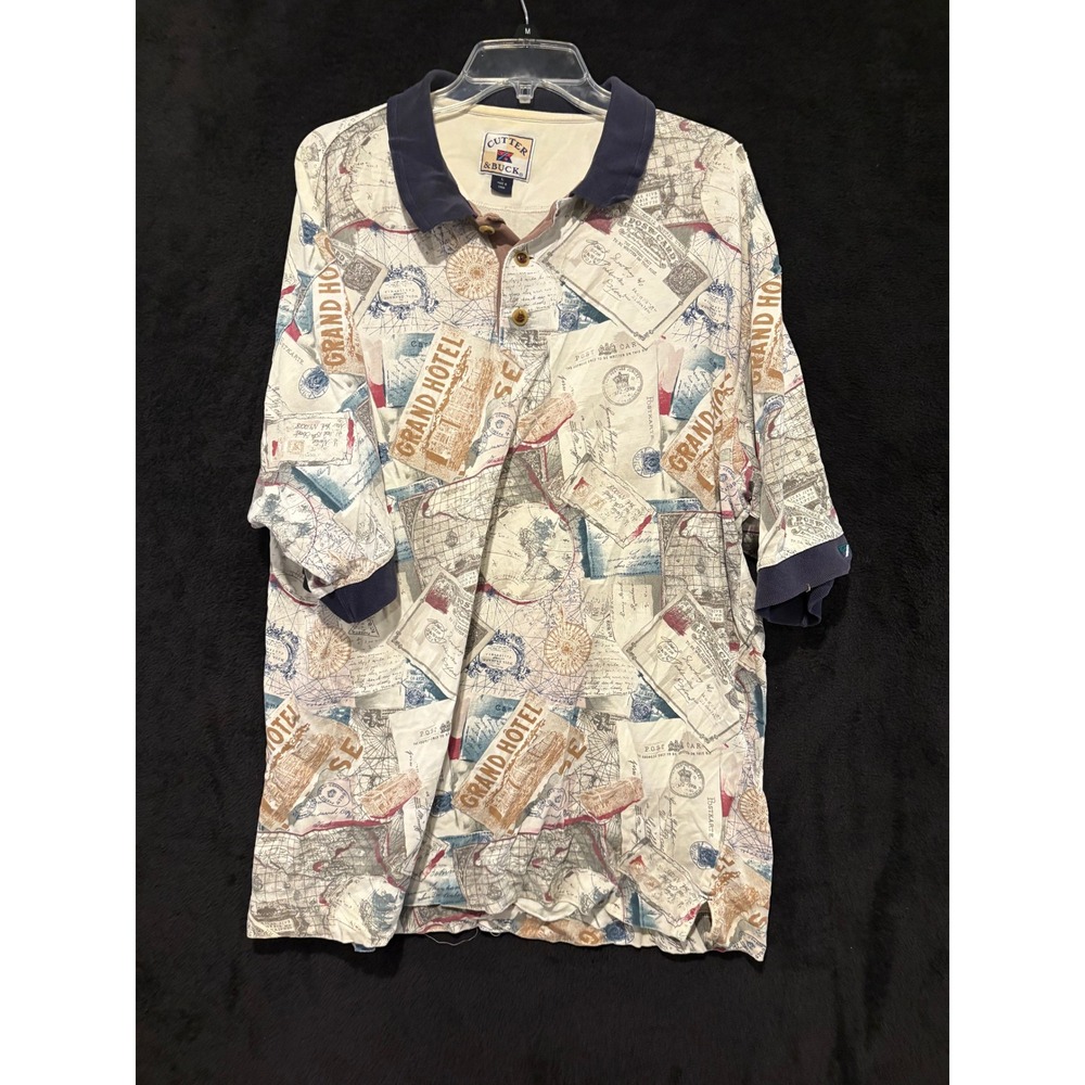 Cutter & Buck Polo Mens L Novelty Grand Hotel Postcard Print Cotton Large